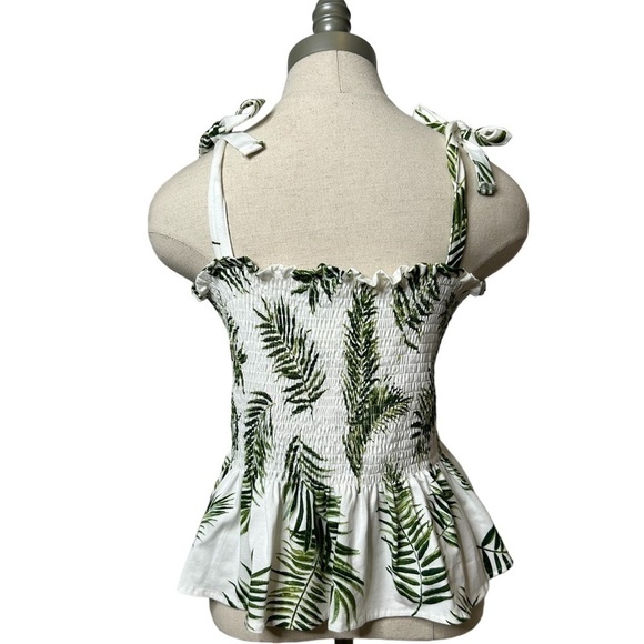 H&M Green White Camisole Top With Smocking Palm Tree Tropical Print Size Large - Picture 7 of 9